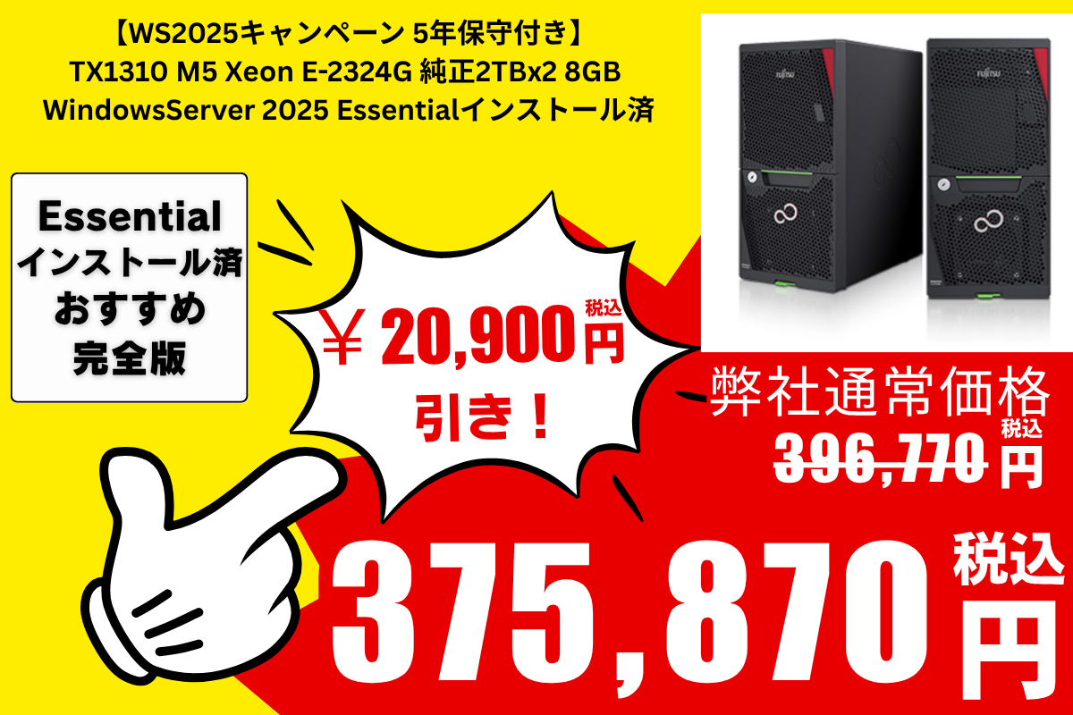 【WS2025年保守付き】TX1310 M5 Xeon E-2324G 純正2TBx2 8GB  WindowsServer 2025 Essentialインストール済