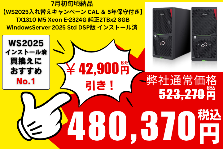 7月初旬頃納品【WS2025入れ替えキャンペーン CAL ＆ 5年保守付き】Fujitsu PRIMERGY(プライマジー) TX1310 M5 Xeon E-2324G 純正2TBx2 8GB WindowsServer 2025 Std DSP版 インストール済